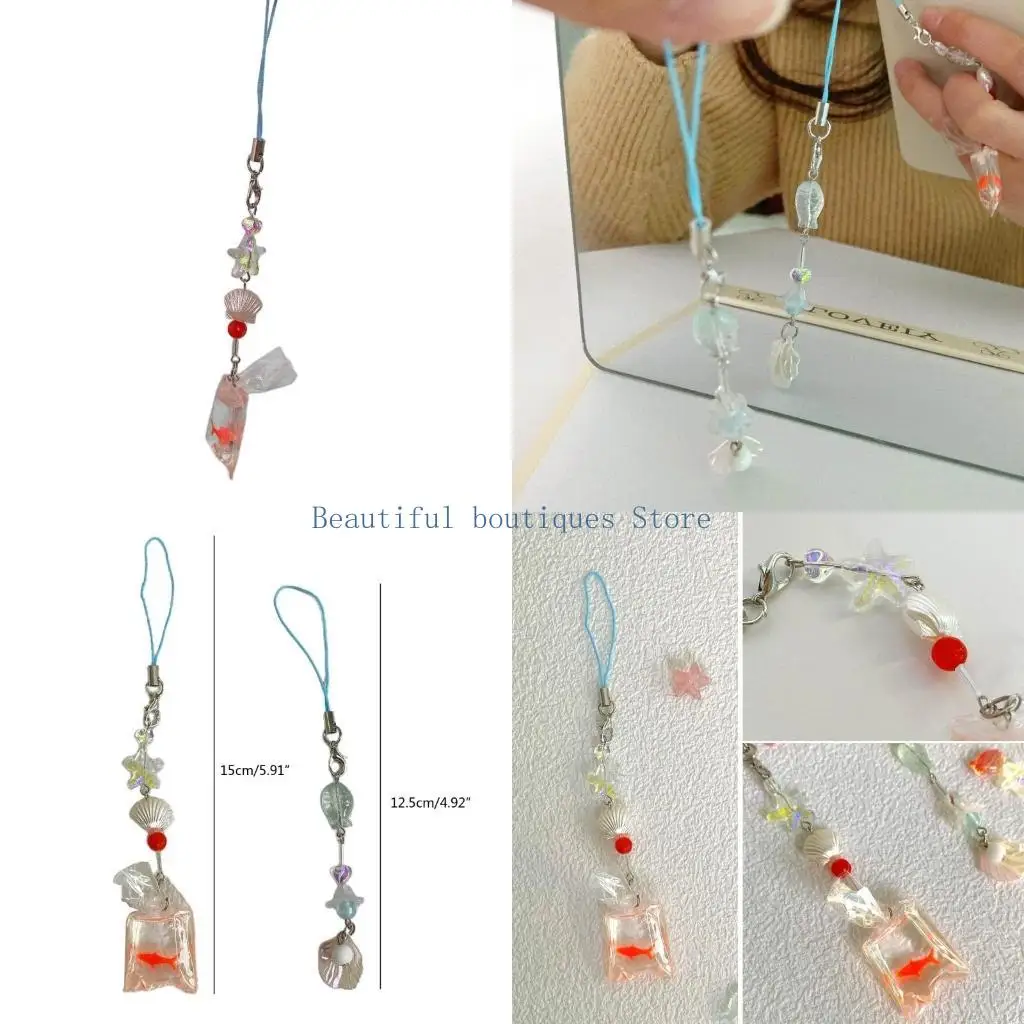 U4LF Beaded Anti-Lost Lanyard with Fish and Sea Theme Charm Handmade Ocean Theme Phone straps