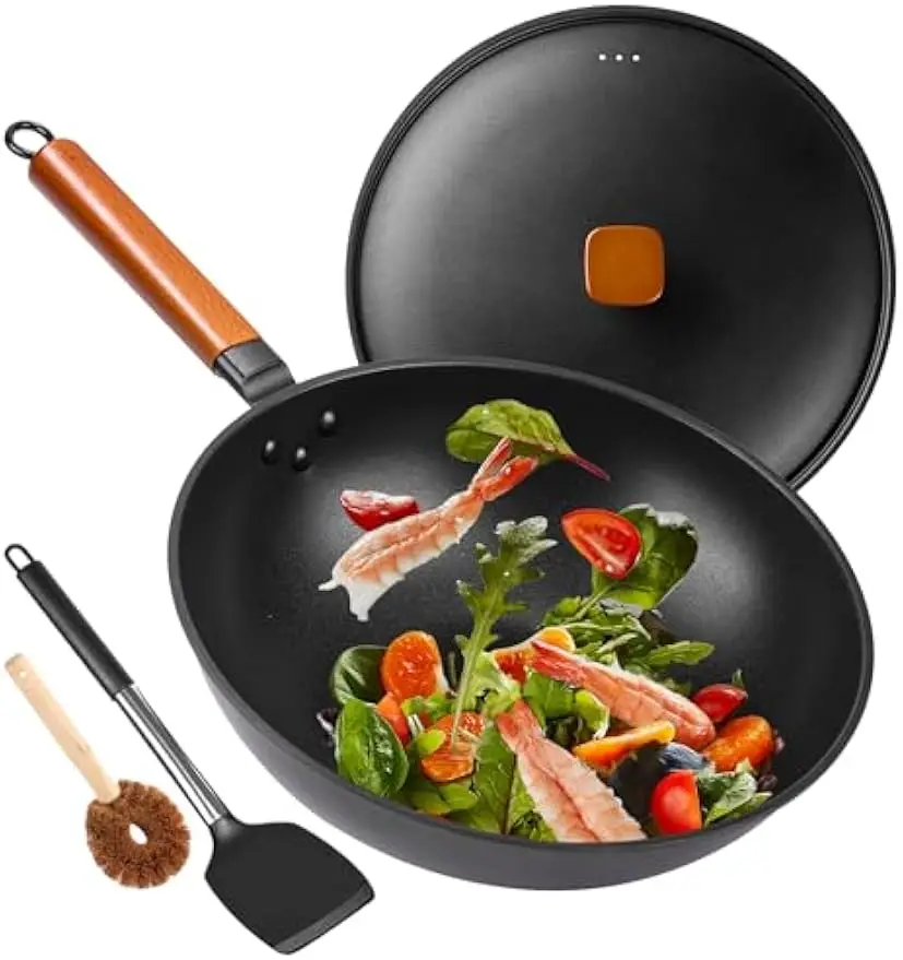 

13" Carbon Steel Wok Pan with Lid and Spatula - Nonstick, Flat Bottom for All Stoves