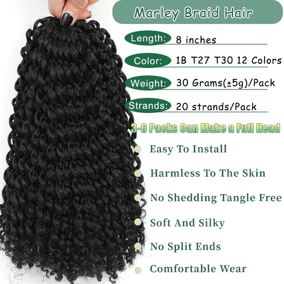 Kinky Curly Crochet Hair 8 Inch Short Marlybob Curl Natural Black Color Afro Twist Soft Synthetic Braiding Extention For Women