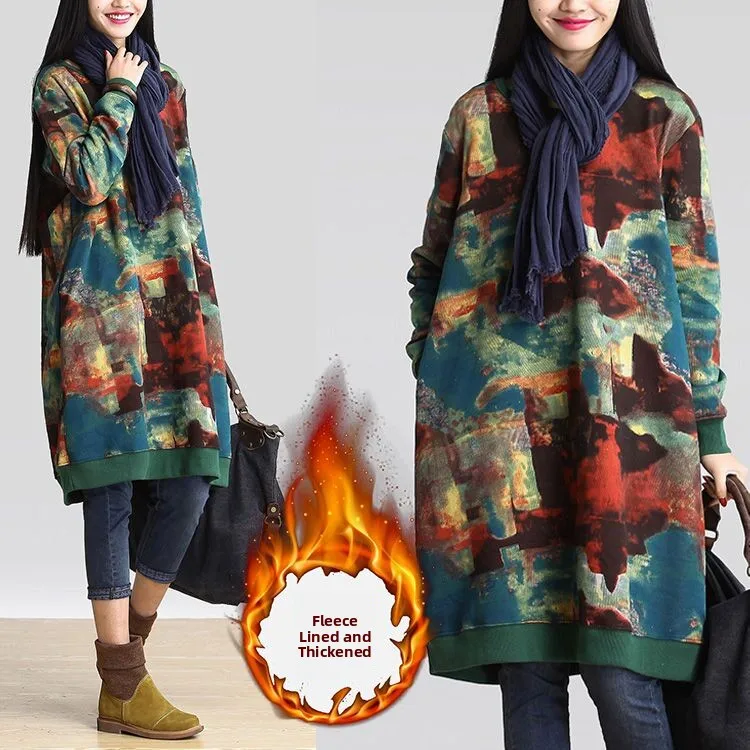 

Женская осенне-зимняя толстовка больших размеров с флисовой подкладкой, стройнящая, камуфляжная, скрывающая живот, в этническом стиле