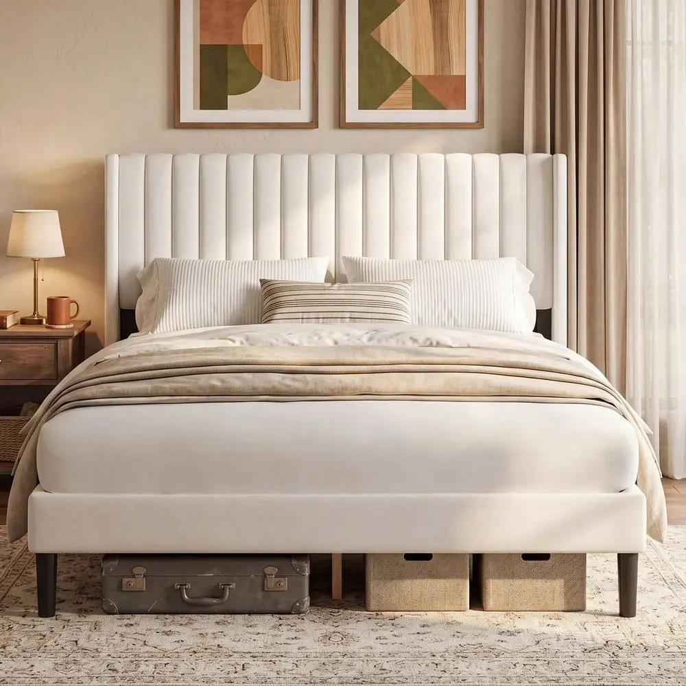 Upholstered Platform Bed Frame With Padded Wingback Headboard, Modern Accent Bedroom Furniture