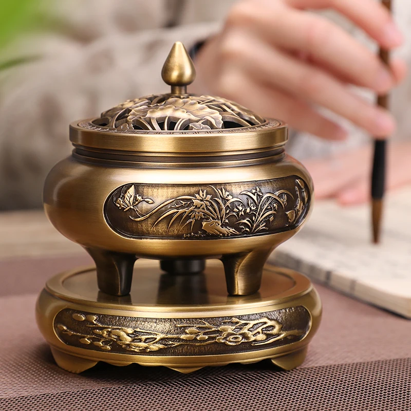 Brass copper incense burner indoor large tray incense thread incense burner tea ceremony Xuande stove decoration