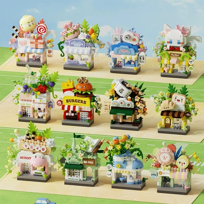 MOC City Mini Street View Store Model Micro Building Blocks Flower Shop Bakery Ice Cream Cart Fast Food Bricks Toys Kids Gift