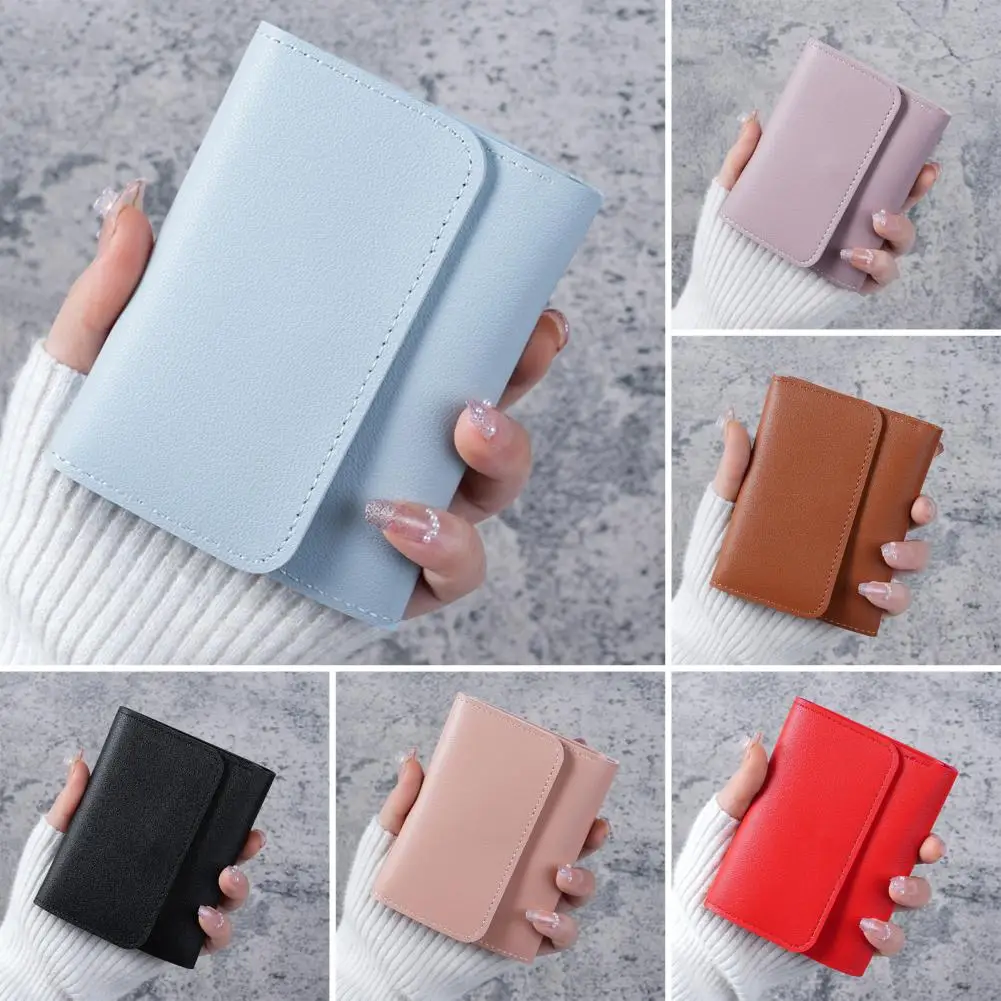 Solid Color Coin Pouch Ladies Triple Fold Wallet with Id Window Portable Small Purse with Button Simple Multi-function for Use
