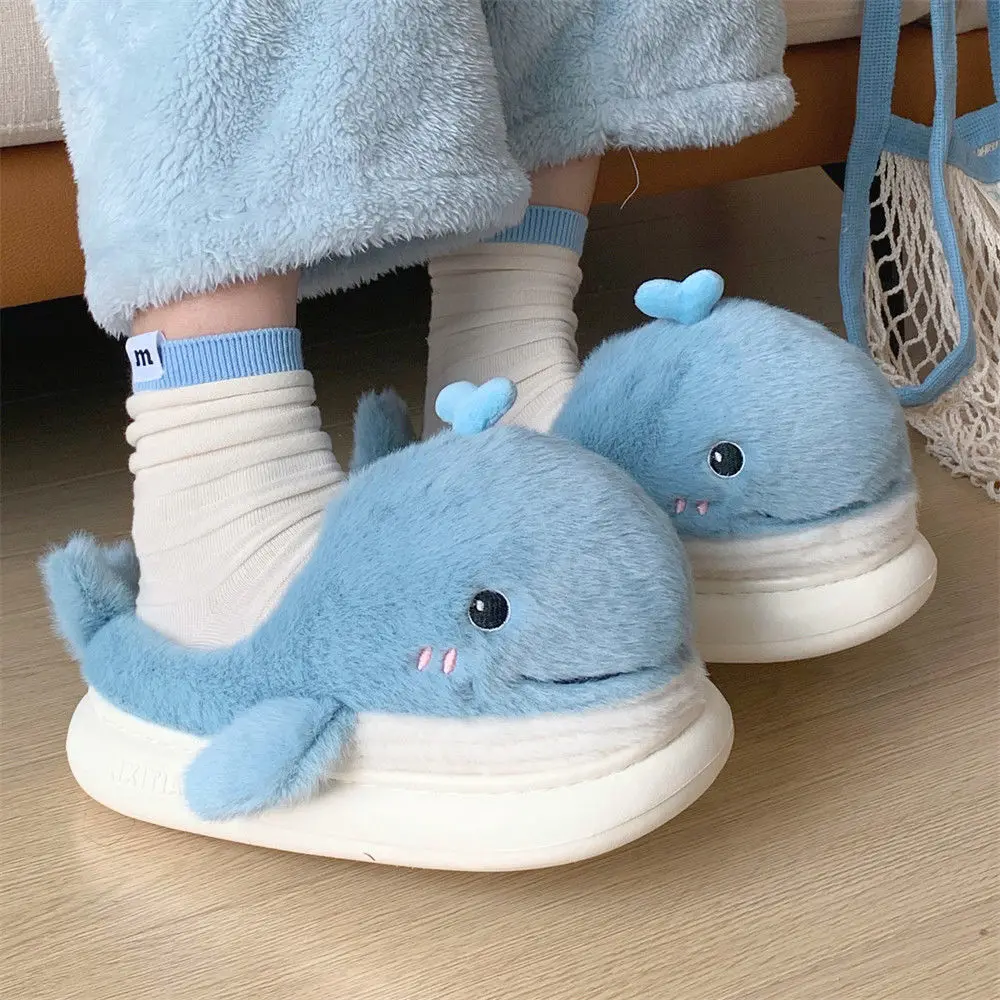 Designer Blue Fish House Shoes Woman Fuzzy Home Slippers Hairy Whale Slippers Women Fluffy Animal Fur Pull On Shoes