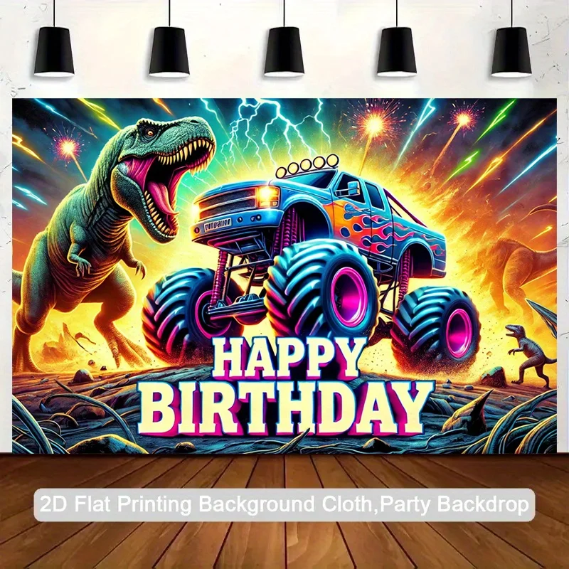 2D-Flachzeichnung, Dinosaurier-Truck-Geburtstagsbanner - Dinosaurier und Monster-Truck, Schwerlastfahrzeug-Thema