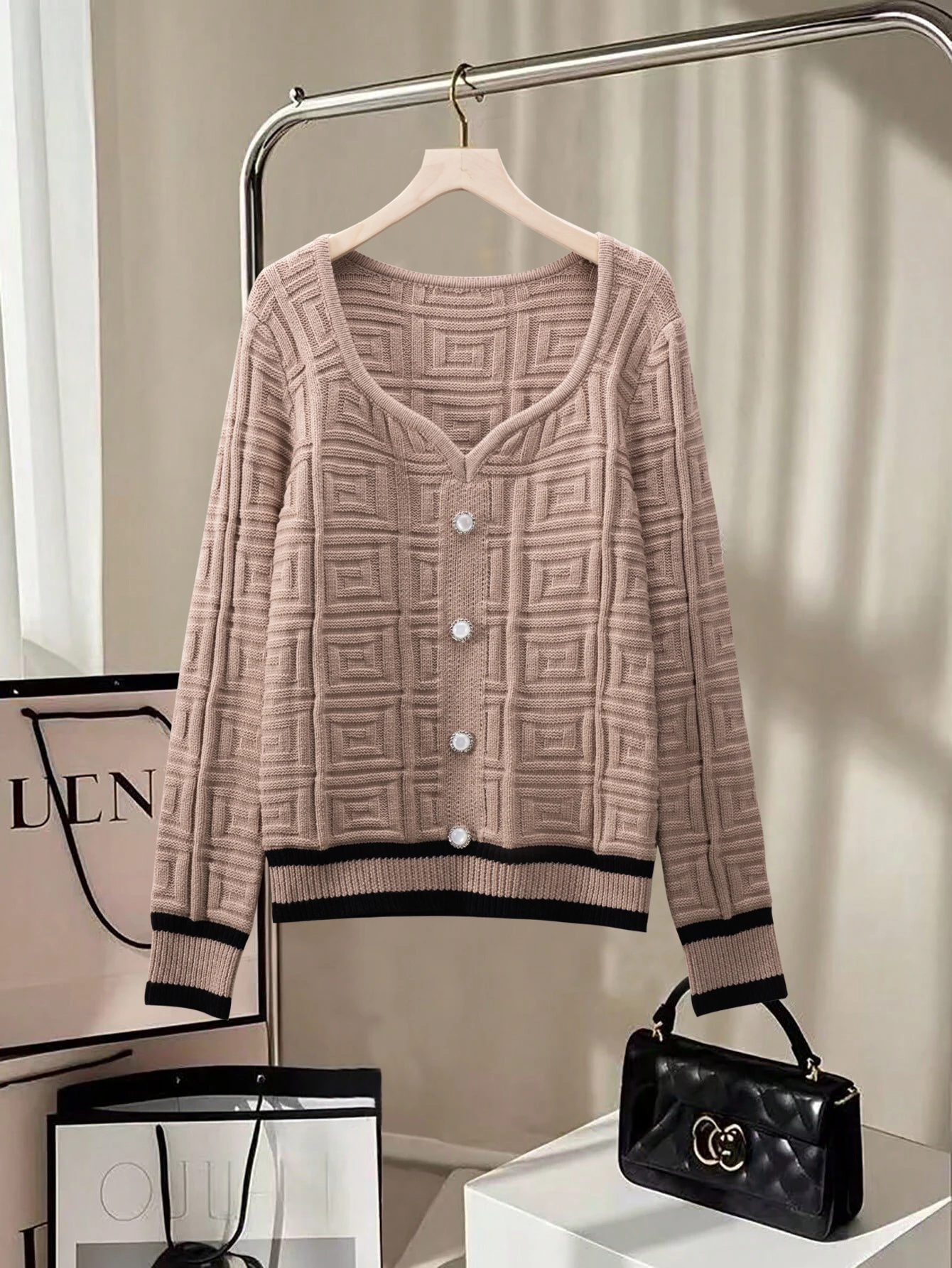 

Ladies Elegant Casual Knitted Sweater with Fake Buttons Long Sleeve Top for Holiday Occasions Essential Outerwear Abaya