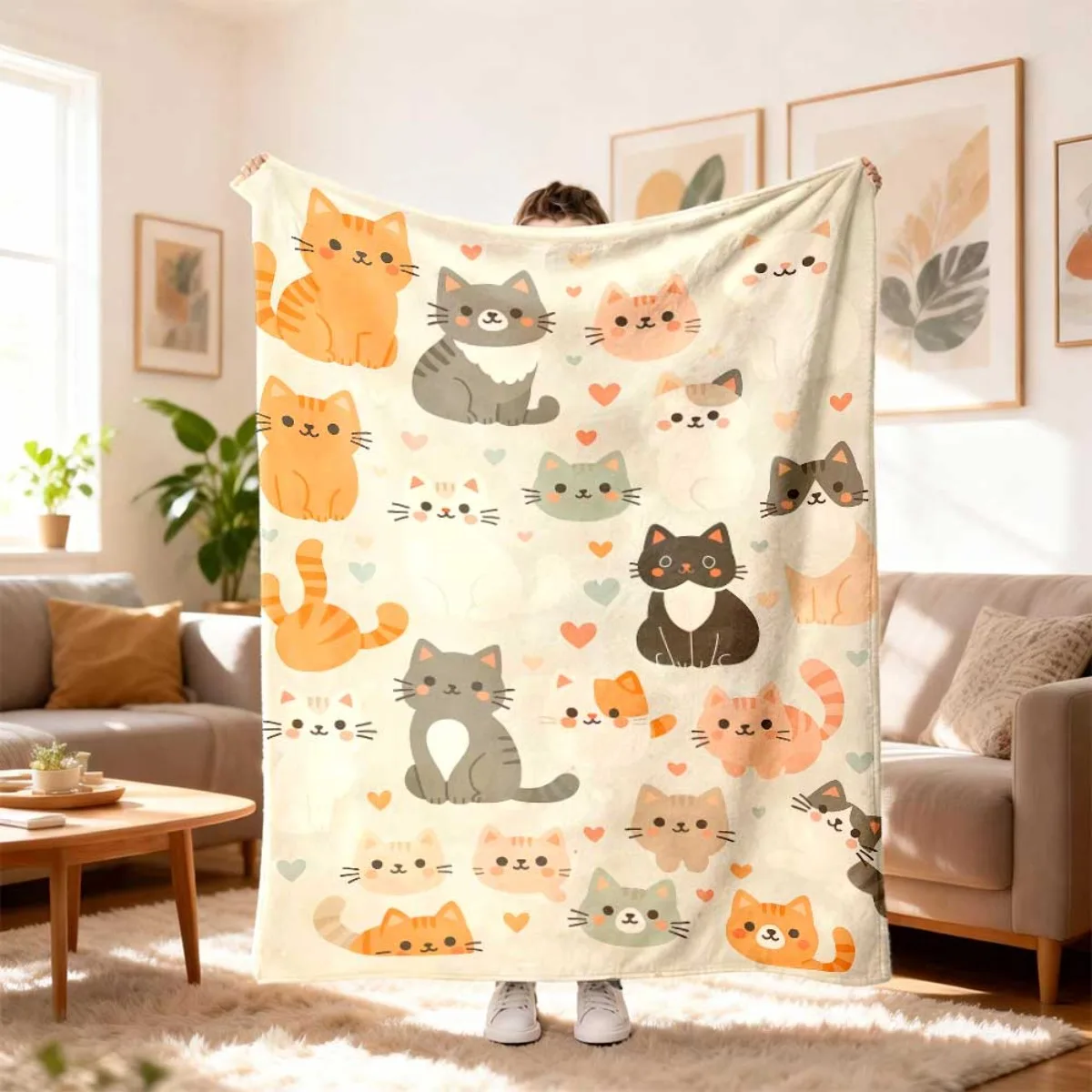 Cozy Cat Print Throw Blanket for Sofa Couch Living Room Home Decor Plush Kitten Gift Idea Warm Seasonal Bed Throw