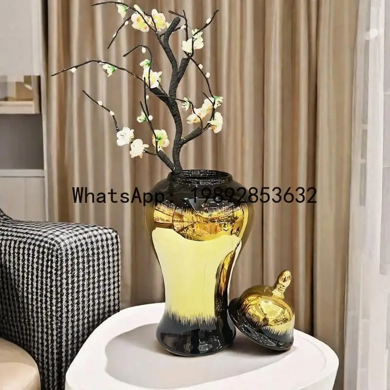 Ceramic Checkmate Jar Black Gold Gradated Ginger Jar Ceramic Storage Tank Flower Vase Home Decoration Accessories