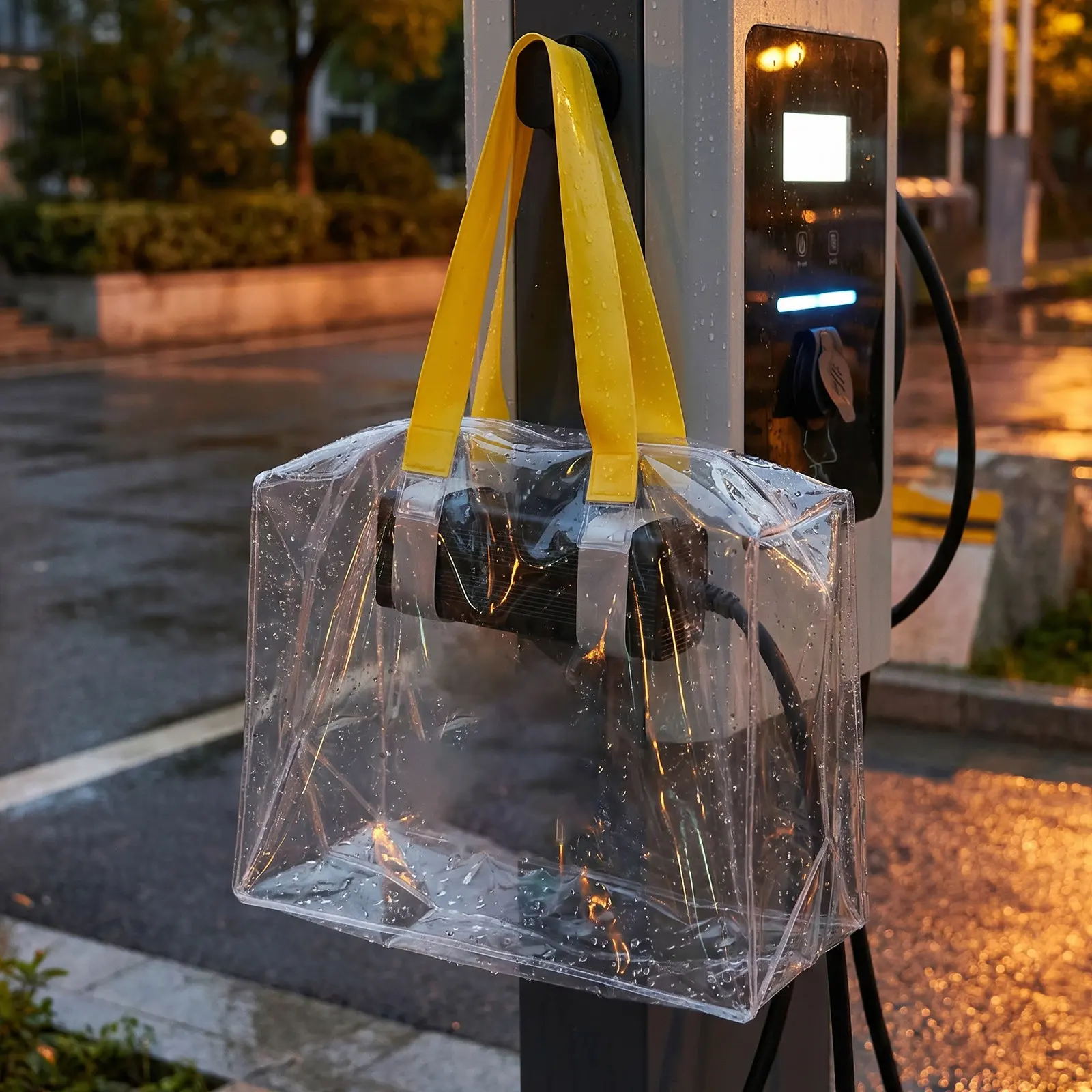 Electric Bike Charger Cover Bag Yellow Handle Waterproof Protective PVC Rainproof Storage Pouch Outdoor Charging Port Dustproof
