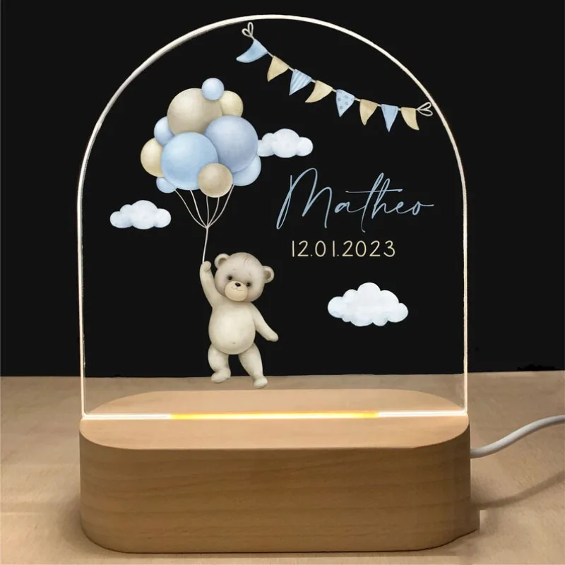 Imagem -06 - Personalizado Baby Night Light Usb Wood Base Lamp Nome Personalizado Lâmpada 3d para Crianças Mesa de Quarto Presente Animal