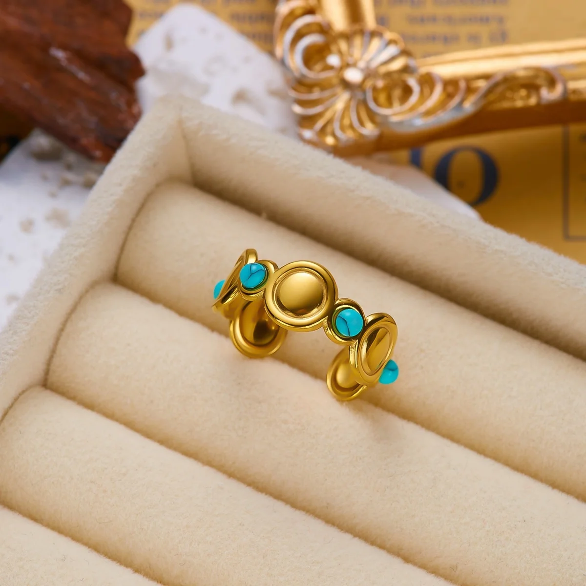 Edelstahl Blau Naturstein Geometrische Fingerringe für Damen und Herren Französischer Vintage Sonnenblumen-Blatt Runder Ovaler Ring Schmuck – Detail 29