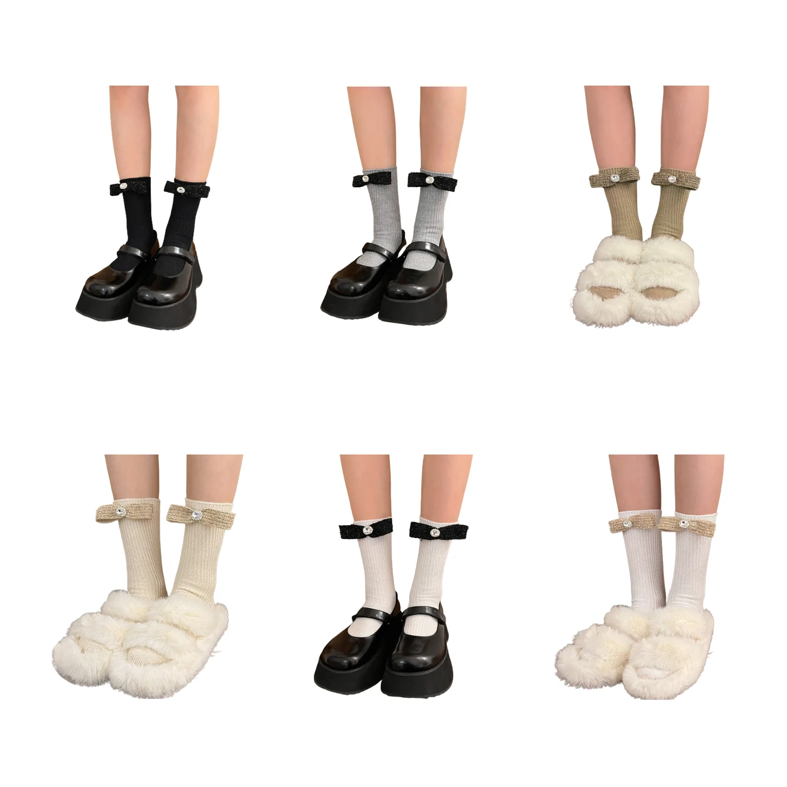 

Женские зимние/осенние милые носки до середины икры с бантом и стразами в японском стиле, эластичные, средней длины