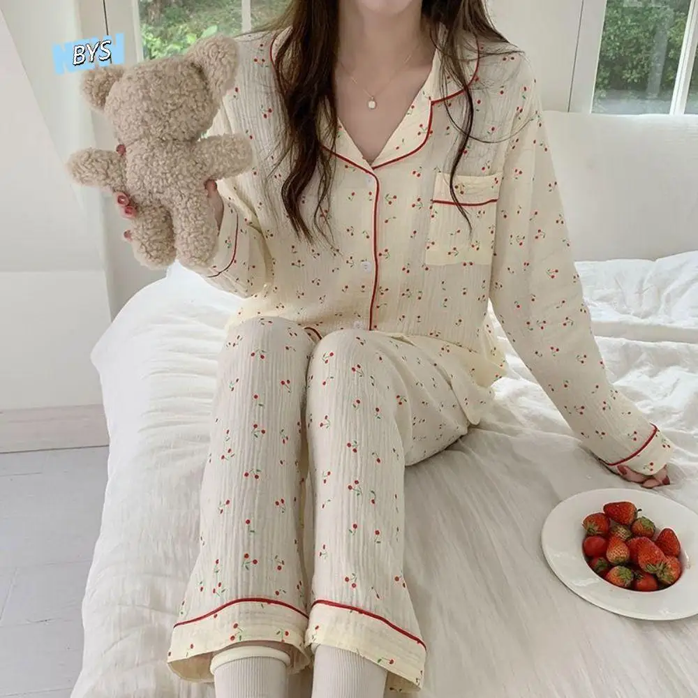 

Cute Ruffle Cherry Pajamas Women Lapel Loose Two Piece Nightwear Nightdress Long Sleeve Sleepwear Home