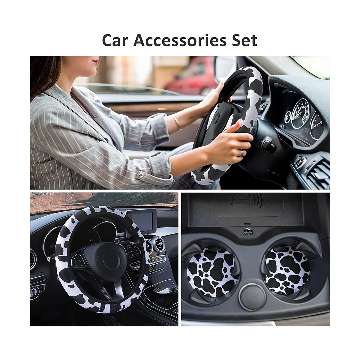 Cow Steering Wheel Cover for Women with 2PCS Car Coasters, Universal Cow Print Fashion Non-Slip Suitable for Girls