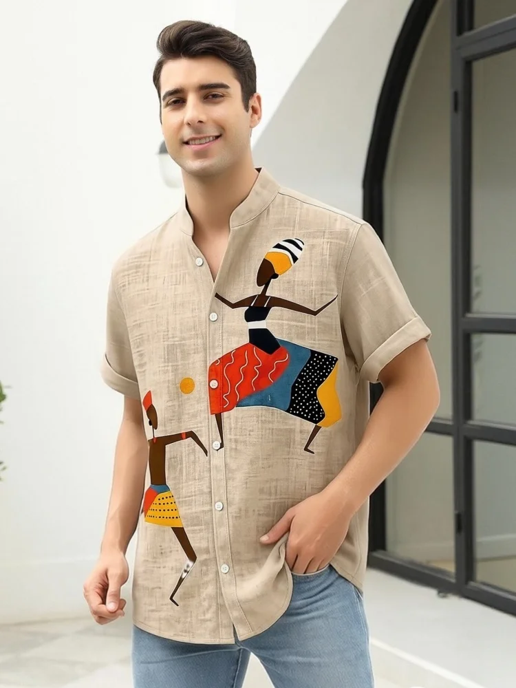 

Cream Girl Dance Men's Half Sleeves Printed Shirt Retro Style Linen Blend Tops Casual Loose Button Down Harajuku Stand Collar T