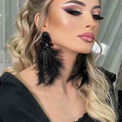 Fashion Black Feather Dangle Earrings Tassel Design for Women 2024 Christmas Gift Geometric Rhinestone Earrings Vintage Jewelry