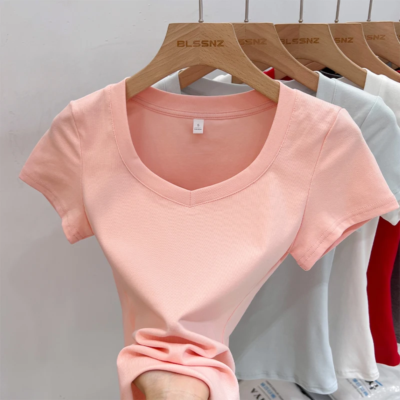 Zjaiss 2026 Hochwertiges Slim Fit V-Ausschnitt Sommer Damen T-Shirt Sexy Figurbetonte Kurzarm-Shirts Trendige Einfarbige Kleidung Y2k Tops