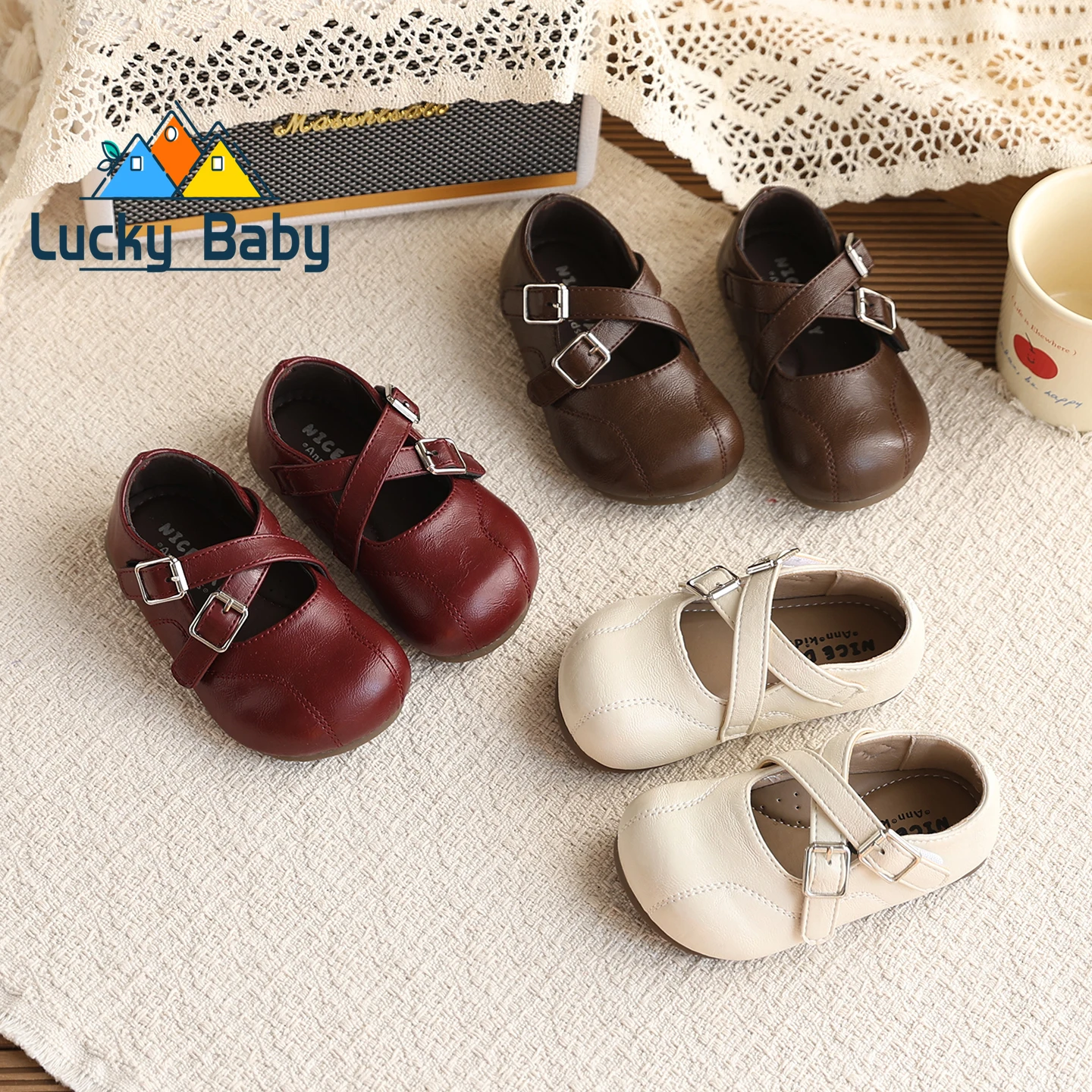 

Girls Cross Mary Jane Shoes with Double Buckle Soft Sole Children Flats Leather Shoes for Party Wedding Kids Princess Shoes