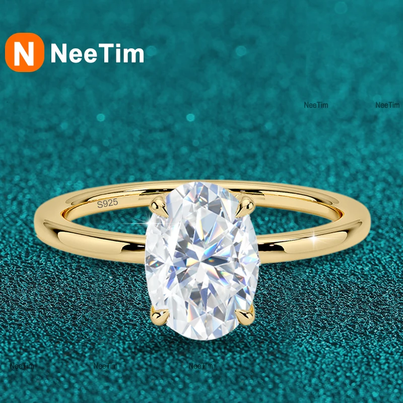 NeeTim 1ct 2ct 3ct 5ct 6ct Oval Cut Full Moissanite Ring For Women Wedding Band S925 Silver Engagement Ring Lady's Jewelry Gift