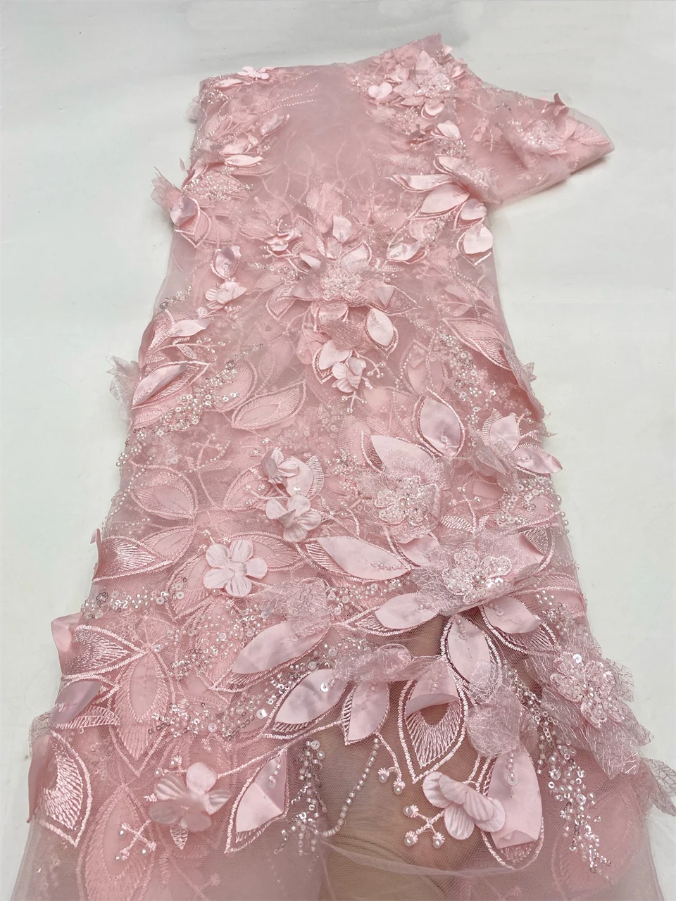 Fashion French Mesh 3D Flowers Embroidery Beaded Lace Fabric with Sequins African Nigerian Fabric for Wedding Dress HXZ6120