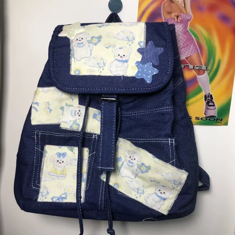 Canvas Y2K School Bags for Women 2024 New Cartoon Print Backpacks Fashion Denim Blue Kawaii Rucksack Subculture Bolsas Сумка