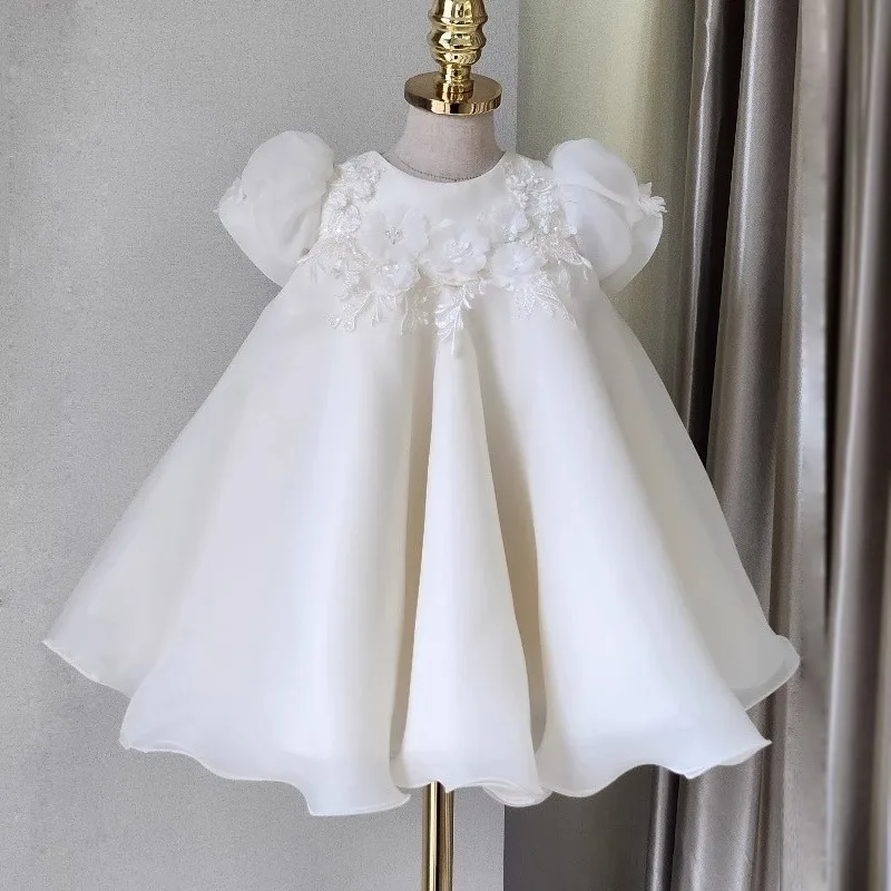 

High-end Kids Solid White Organza Dress Flower Formal Princess Tulle Dress Pageant Baby Birthday Party Wedding Flower Girl Gown