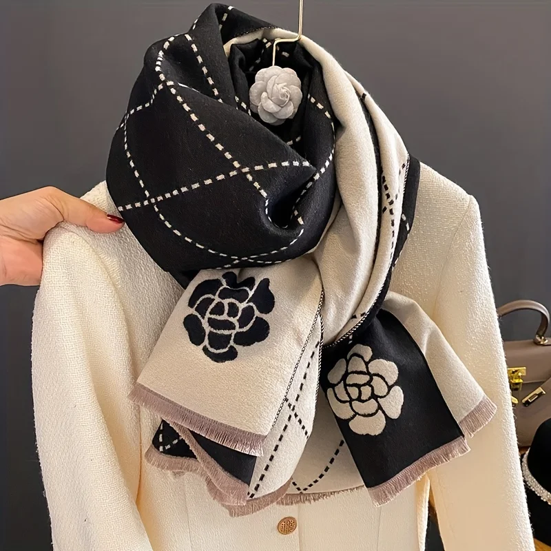 

New Gentle Camellia Flower Jacquard Scarf Imitation Cashmere Warm Short Beard Shawl Winter Versatile Coldproof Blanket Scarf