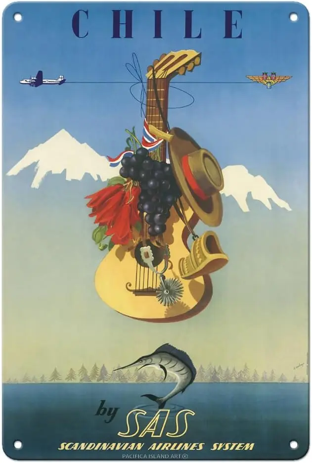 Pacifica Island Art Chile by SAS - Scandinavian Airlines System - Vintage Airline Travel Poster by De Ambrogio c.1951-8 x 12 inc