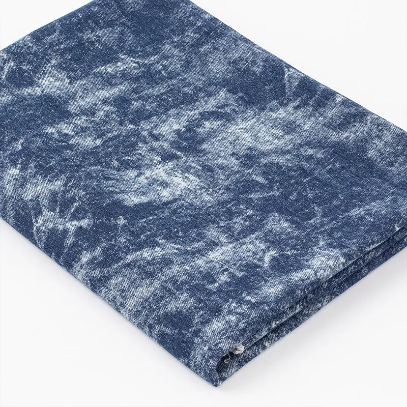 Blue Tie Dye Faded Printed Cotton Denim Designer Fabric with Bleached Finish for Denim Hat Crafting and Custom Garment Workshops