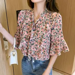 Office Lady Broken Flowers Shirt 2023 Summer Elegant Scarf Collar Bow Female Fashion Ruffles Patchwork Casual Half Sleeve Blouse