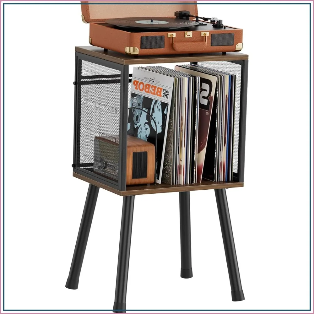 

Record Player Stand for 100 Albums, Vinyl Holder with Adjustable Shelf, Rustic Storage
