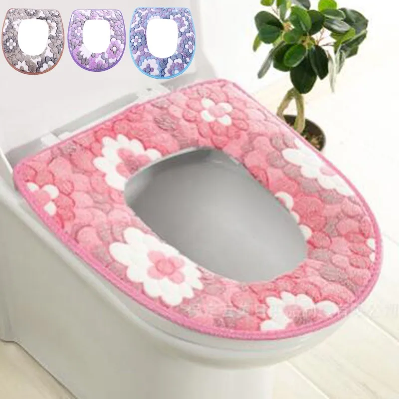 Coral Fleece Toilet Seat Cover Comfortable Soft Toilet Seat Pad Bathroom Accessories Thicken Warmer Zipper Toilet Cover Washable