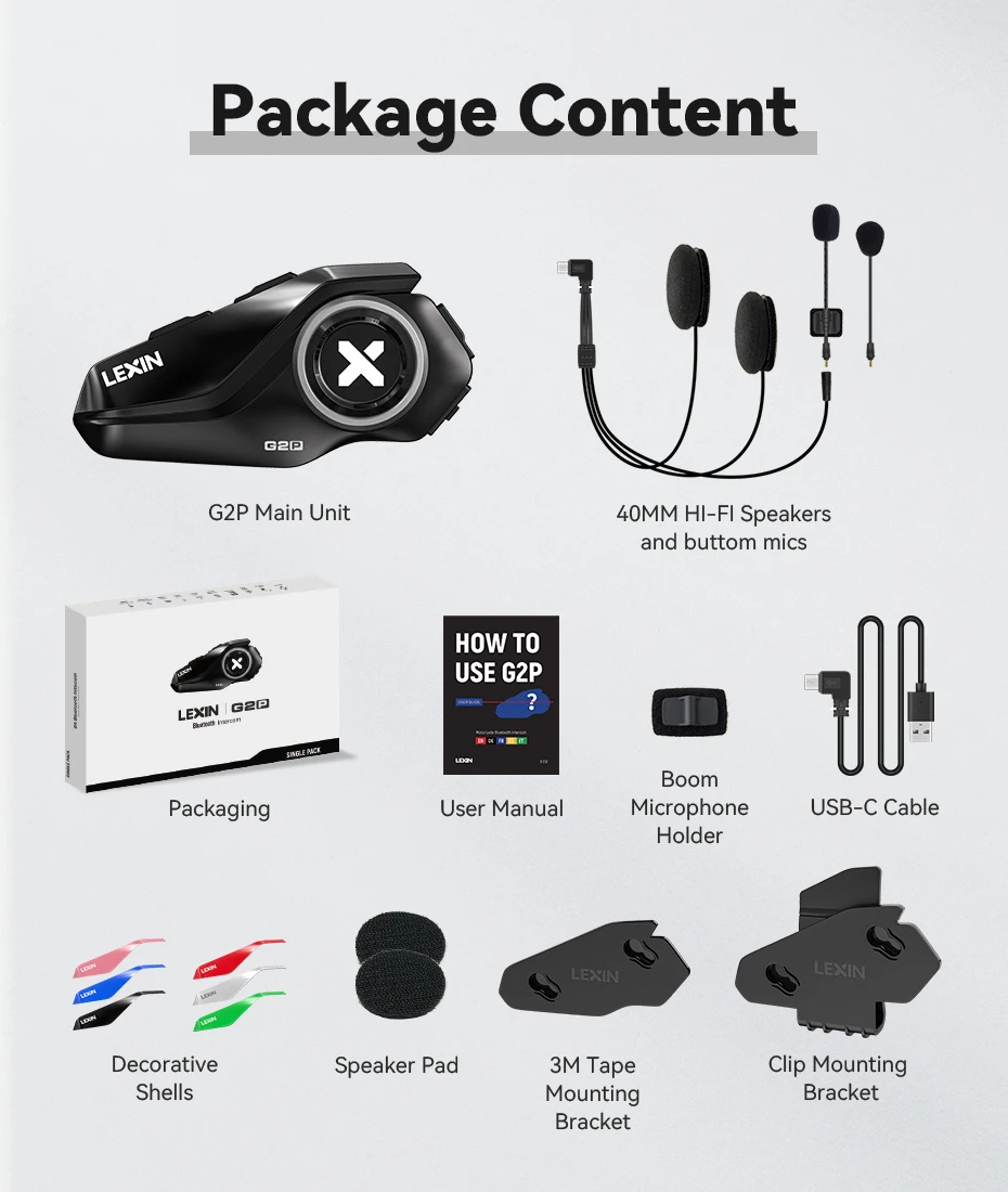 Lexin G2P motorfiets intercom helm Bluetooth-headsets, handsfree communicator tot 6 rijders interphone met FM-radio