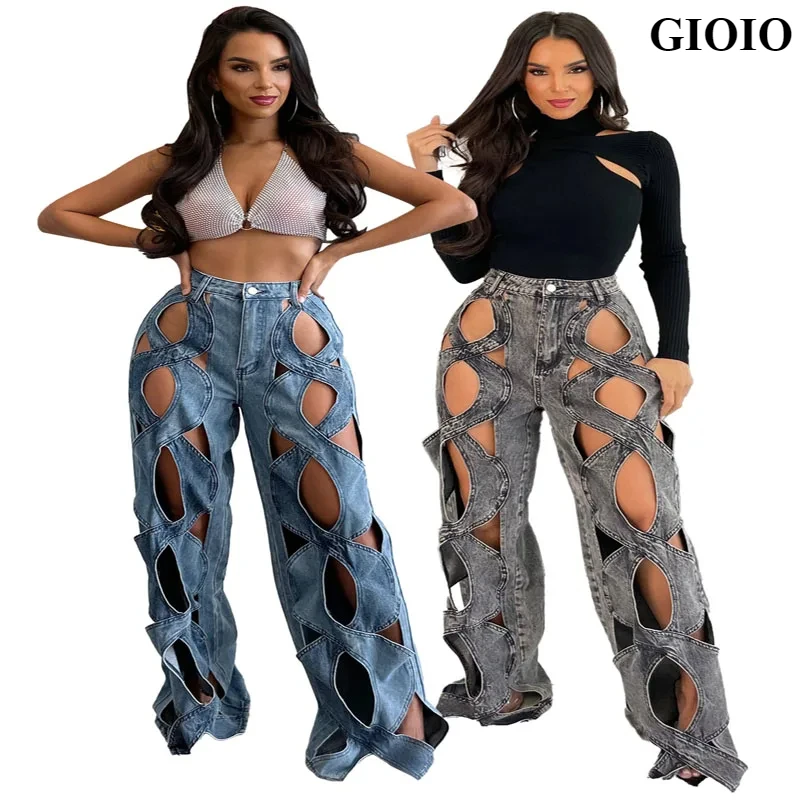 GIOIO Women's stretch denim fabric personality twist hollowed out loose large straight leg jeans