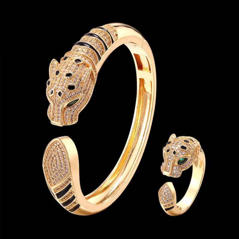 

Fashion Enamel Leopard Titanium Steel Micro-Inlaid AAA Zircon Luxury Retro Bracelet Ring Set