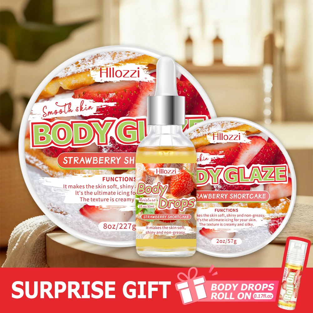 Strawberry set includes 30 ml/1 fl oz Body Drops and 2 oz/57 g or 8 oz Body Glaze, plus a complimentary 5 ml/0.17 g Roll-on.