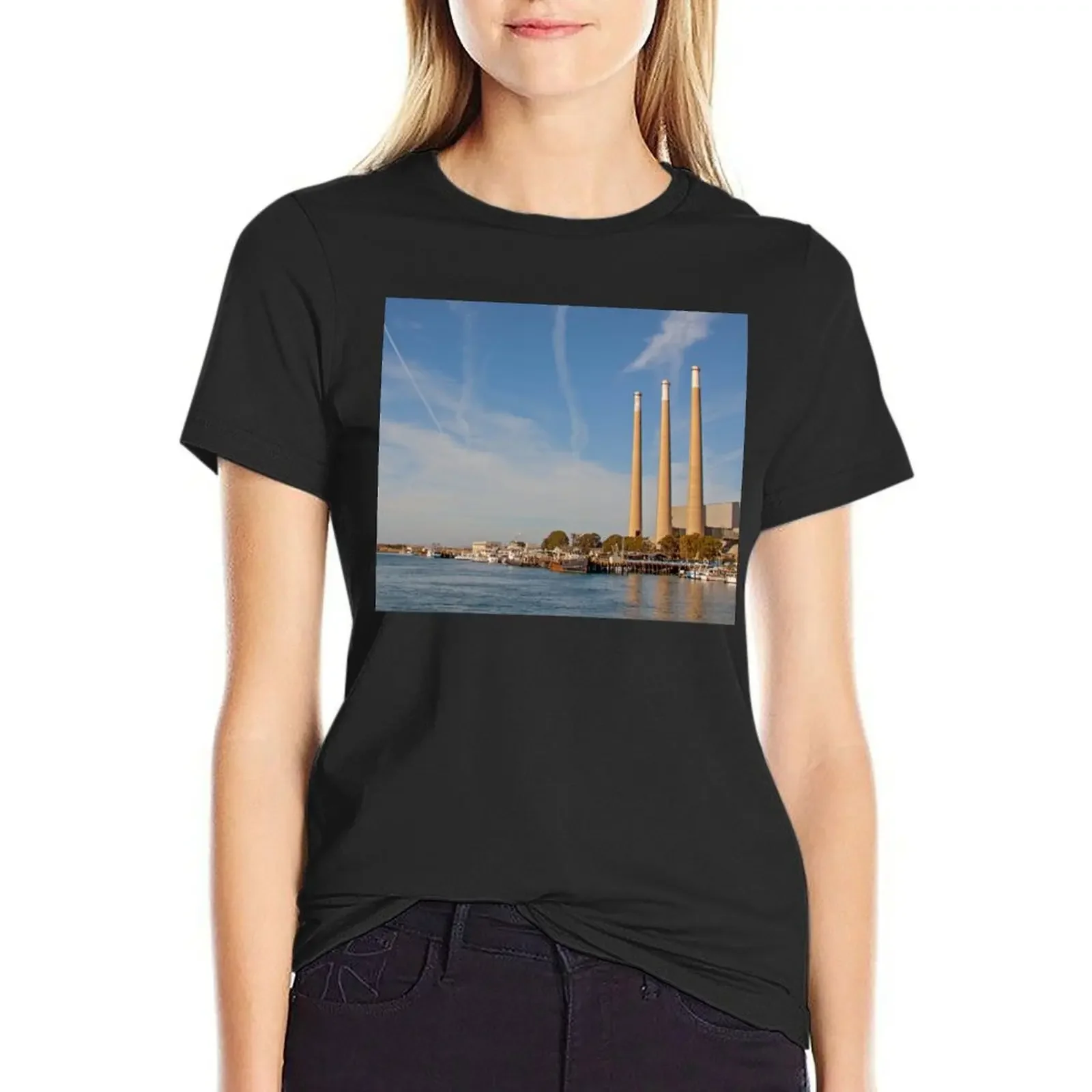 

Morro Bay & the Old Power Plant Smoke Stacks T-Shirt anime summer top cat shirts for Women