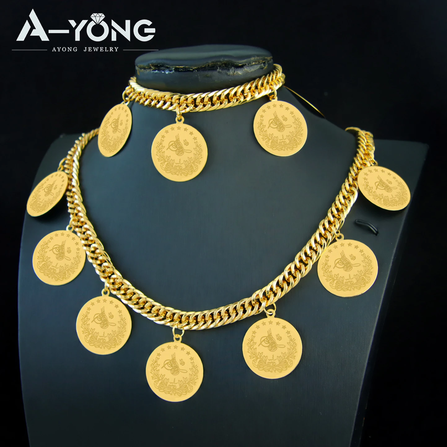 Turkish Gold Plated Coins Jewelry Set 21k Gold Color Arabic Fashion Cuban Necklace Bracelet Dubai Women Bridal Wedding Jewelrys