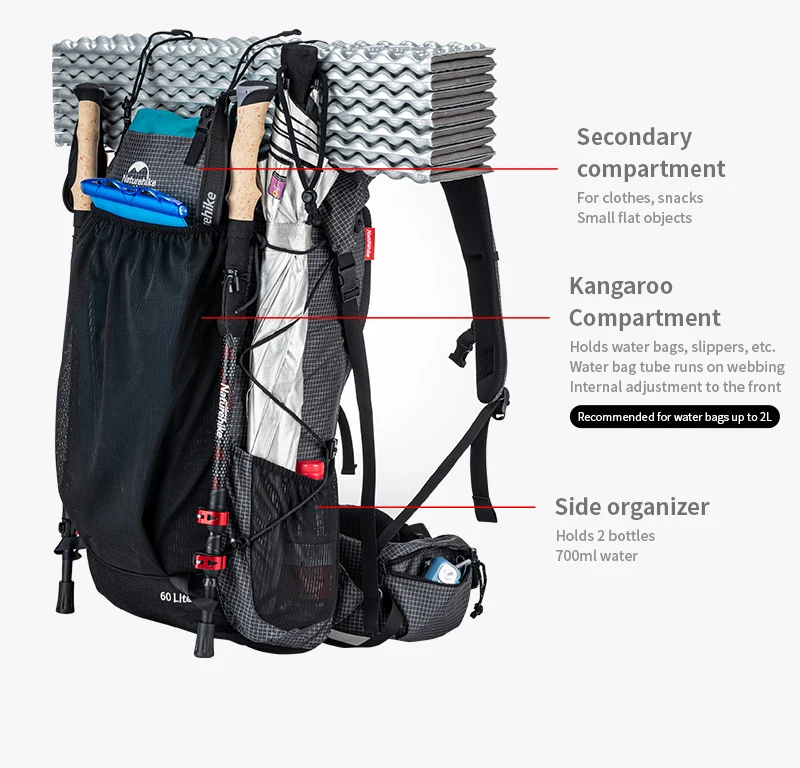 Naturehike Wanderrucksack, Outdoor-Sporttasche, 60 + 5 l, großes Fassungsvermögen, ergonomisches Design, Rucksack, Camping, Reisen, wasserdichter Rucksack – Detail 11