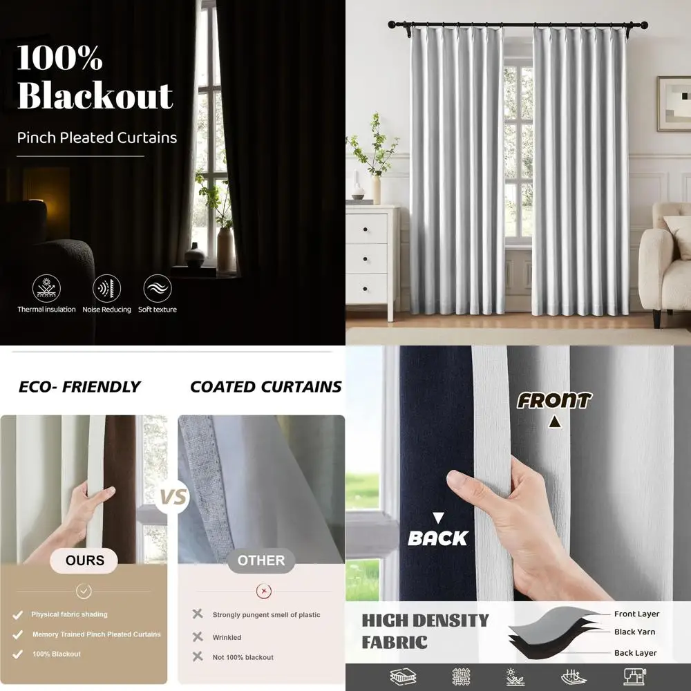 

95 светло-серых льняных полосатых затемняющих штор с термоизоляцией, плиссированные, 40 Ш x 95 л, набор из 2 шт. для гостиной и Be