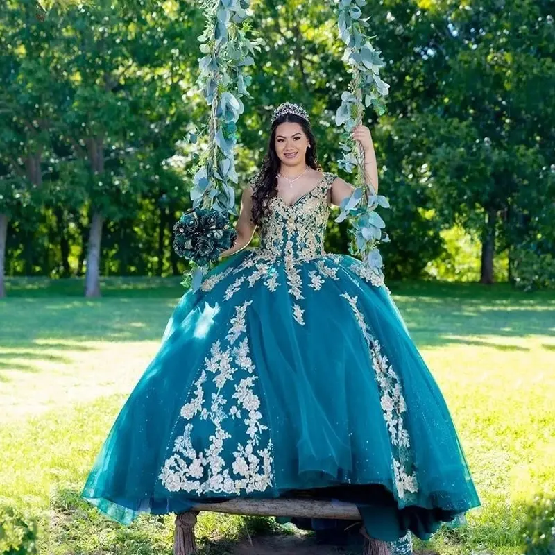 Green Princess Quinceanera Dresses Gold Appliques Ball Gown Birthday Gown Sexy V-Neck Lace-Up Sweet 16 Dress customized