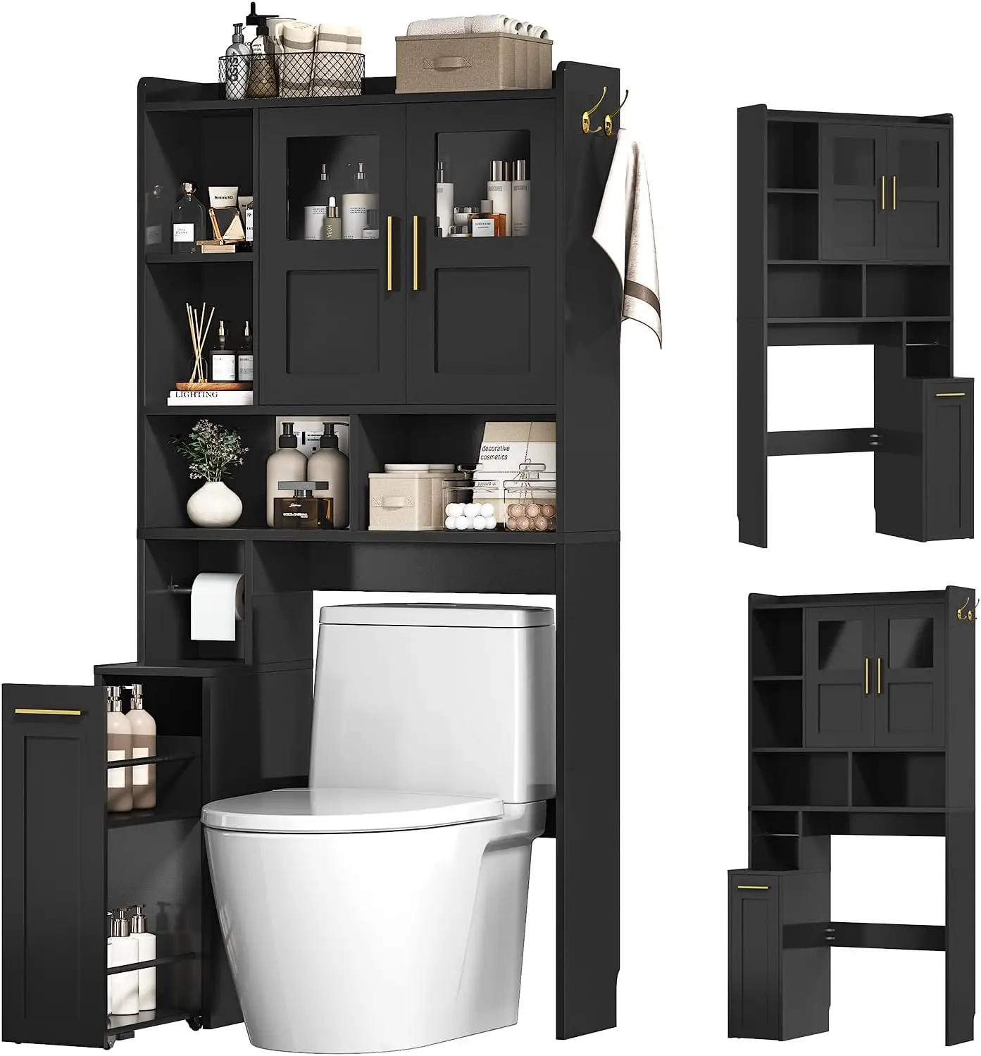 Over The Toilet Storage Cabinet with Pulley & Glass Doors, Black | Pull-Out Cabinet, Toilet Paper Holder, Side Hooks, Adjustable
