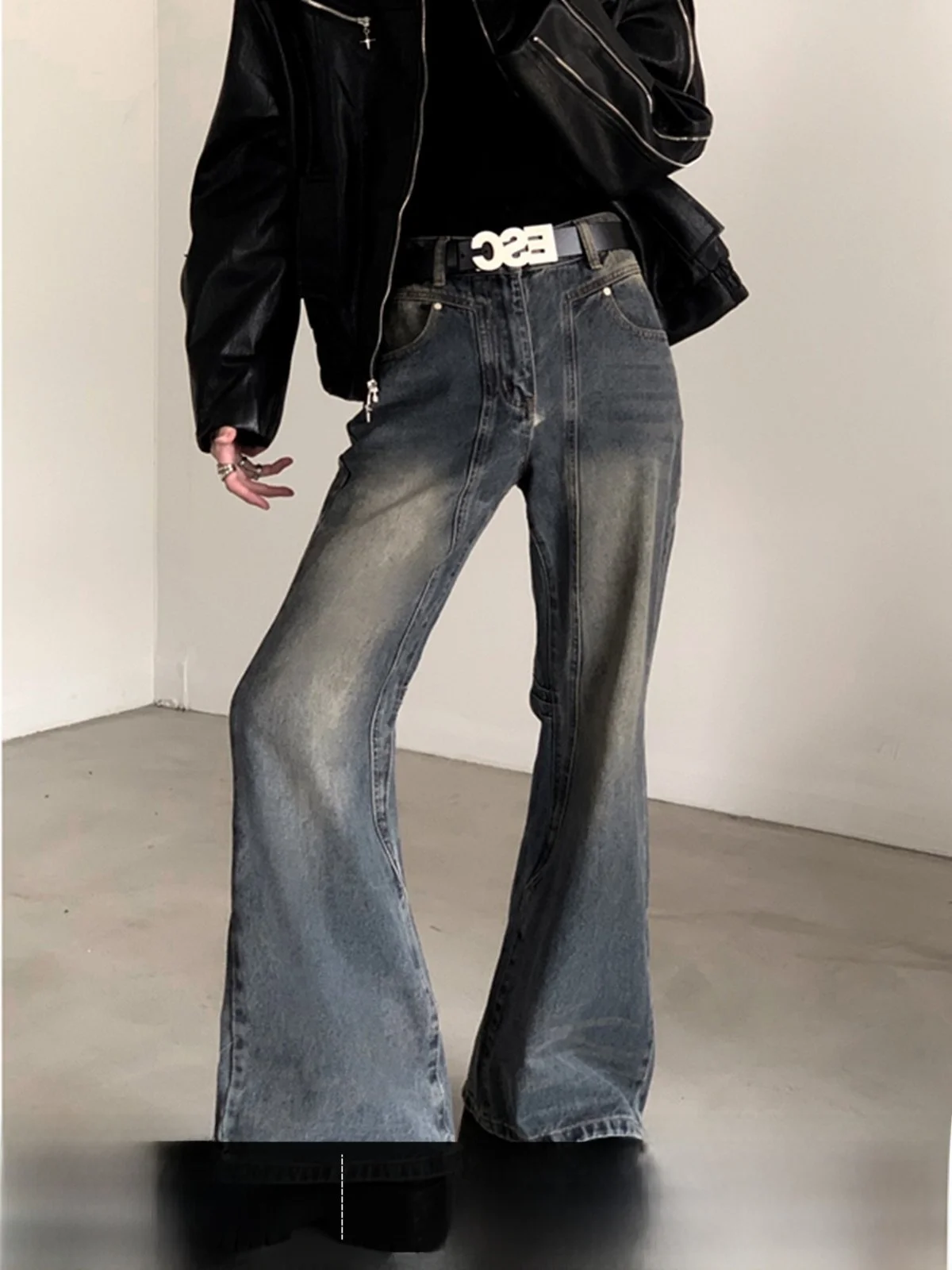 High Waist Straight Leg Men's Jeans Bell Bottoms Vintage Washed Blue Denim Casual Trousers for Teenagers Autumn Mountain Style