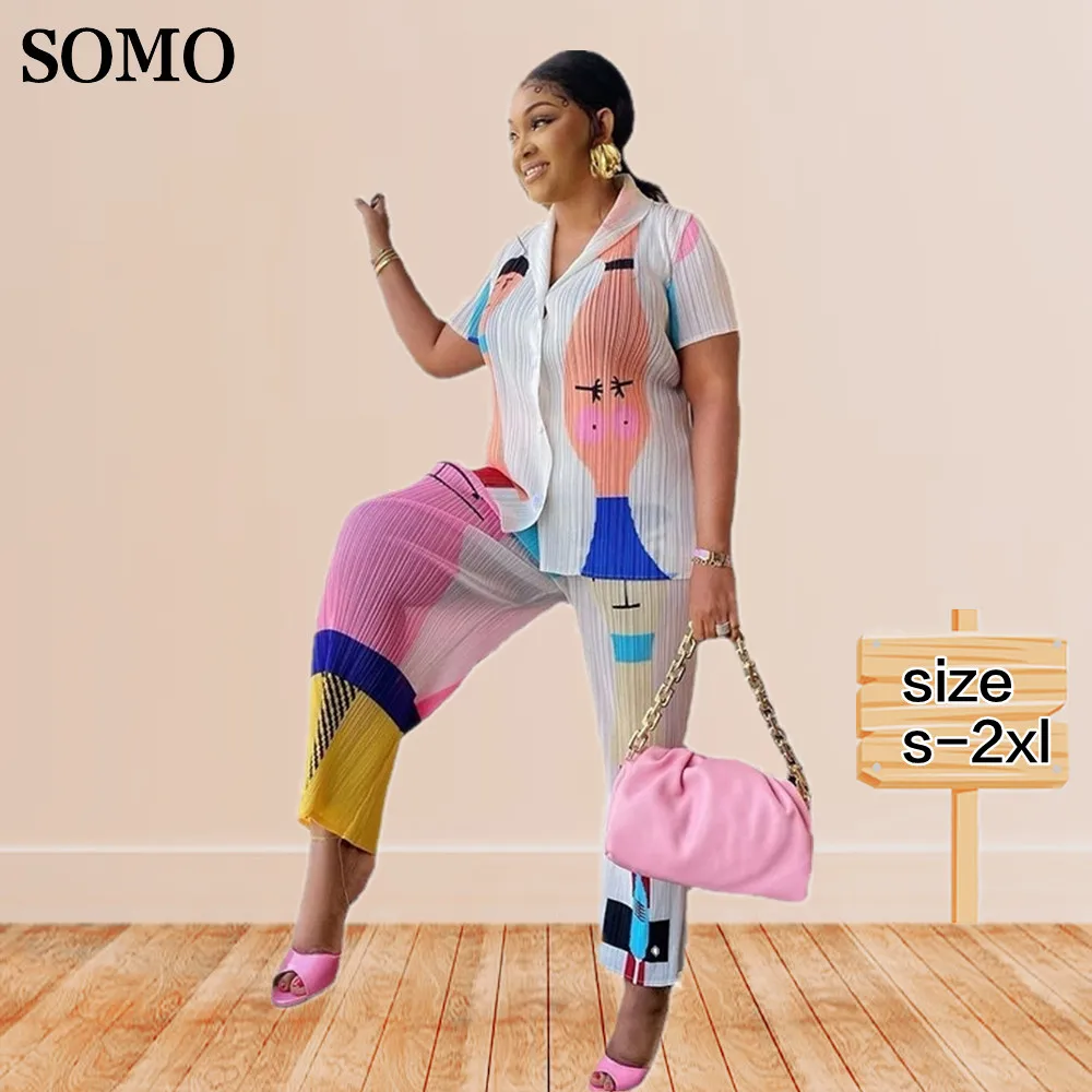 

SOMO Streetwear 2022 Women Summer Outfits Two Piece Set Trend 2 Color Shirt Tops and Long Pants Suits Wholesale Dropshipping