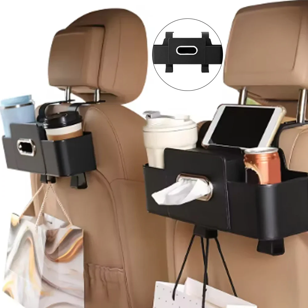 Back Seat Car Organizer Car Backseat Storage Box with Cup Holder, Tissue Box&Hooks Multifunctional for Hold Phones Snacks
