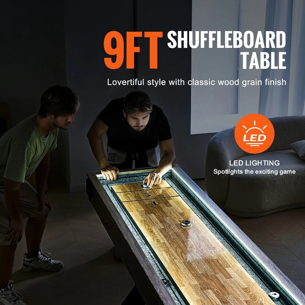 VEVOR Shuffleboard Table 9 ft LED Light Up Shuffleboard for Family Game Room 2-in-1 Shuffleboard and Bowling Combo Game Sets