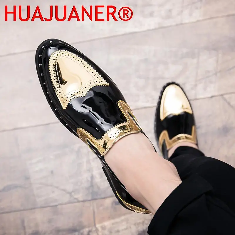 Fashion 38-48 Big Size Men Shoes Slip on Business Loafers Mens Casual Vintage Patent Leather Footwear Man Shiny Party Club Shoes