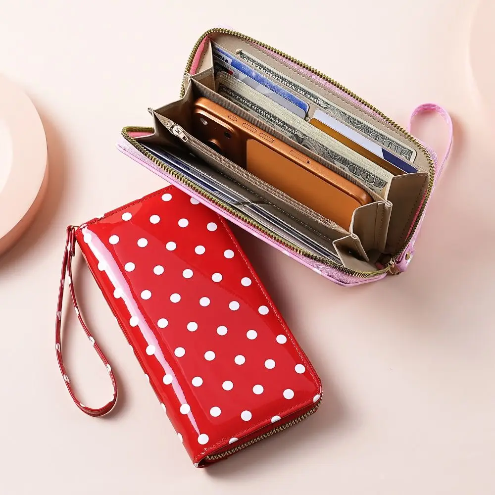 Polka Dot Pattern Polka Dot Wallet Zip Around Closure Smooth Surface Coin Purse Multiple Card Slots Detachable Wrist Strap
