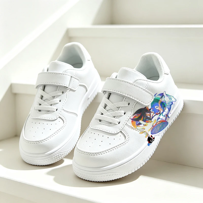 S-Sonics Cartoon Print Kids Sneakers PU Leather Children Casual Shoes Boys Girls White School Walking Footwear